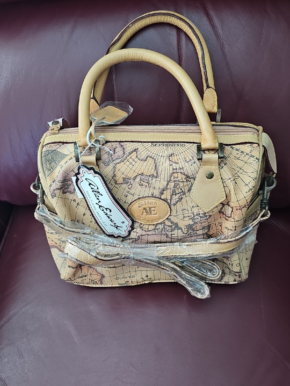 Map-Print Satchel Handbag in Tan by Allen Edmonds